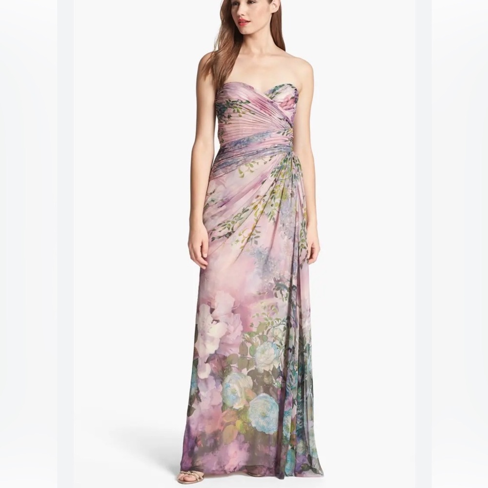 Adrianna Papell Strapless Pink Floral Chiffon Gown